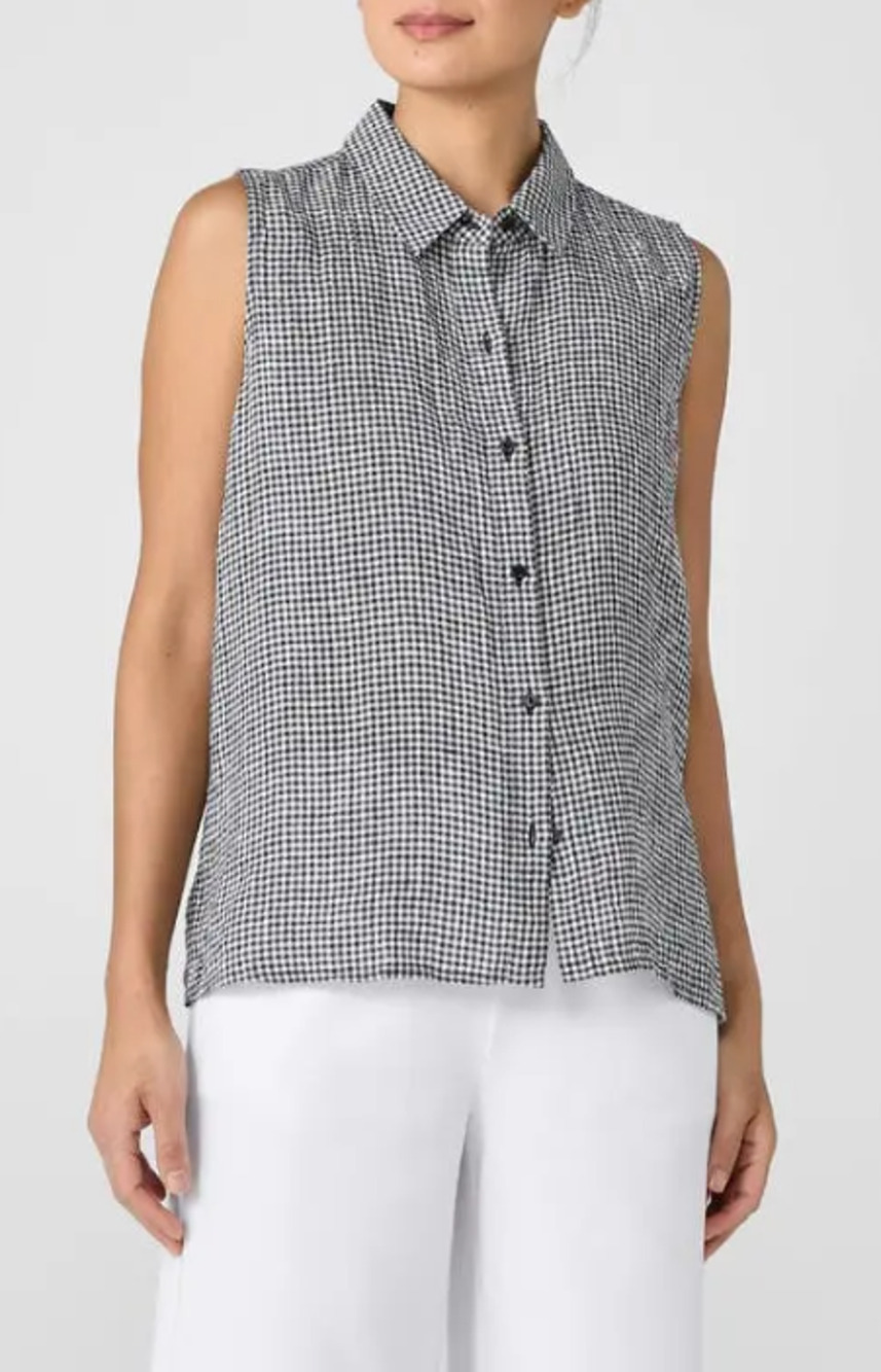 NWT Eileen Fisher Puckered Organic Linen Gingham Sleeveless Tunic top Sz M Prepp